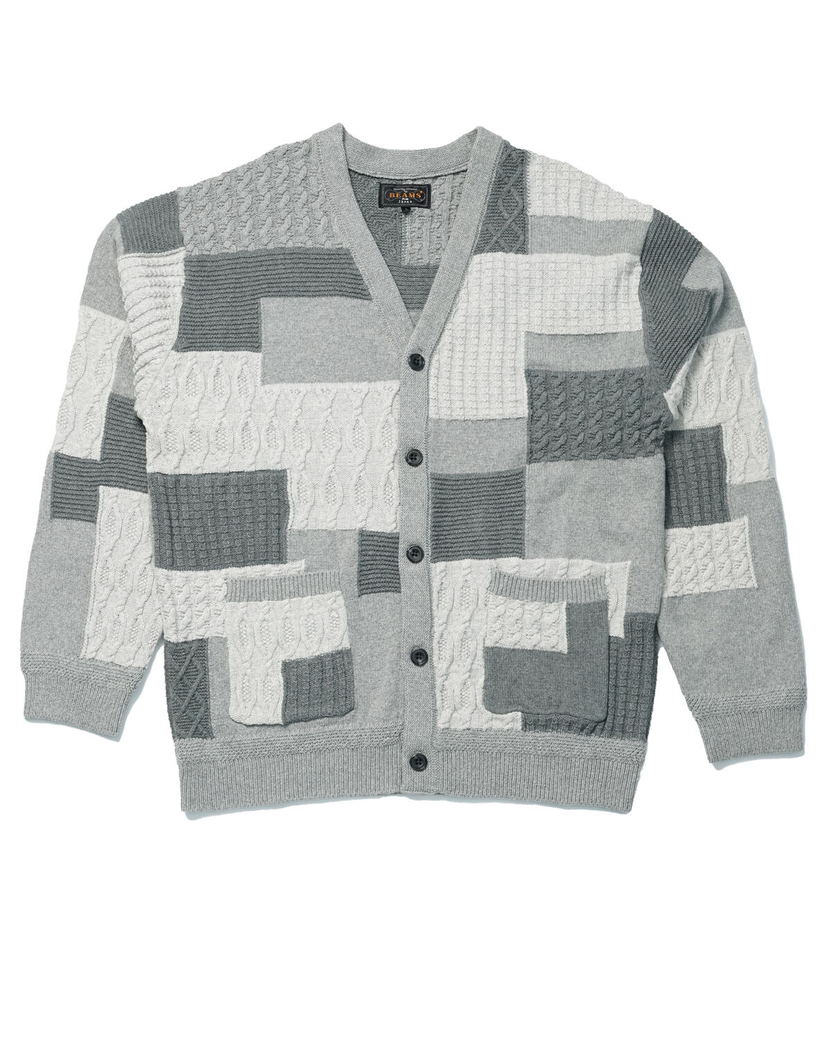 Beams+ Cardigan Patchwork Like Jacquard